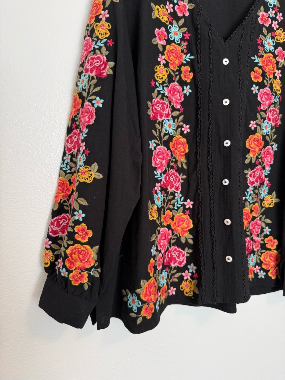 Savanna Jane - Embroidered Floral Long Sleeve Button Front Blouse Top Black - 2X - Picture 8 of 11